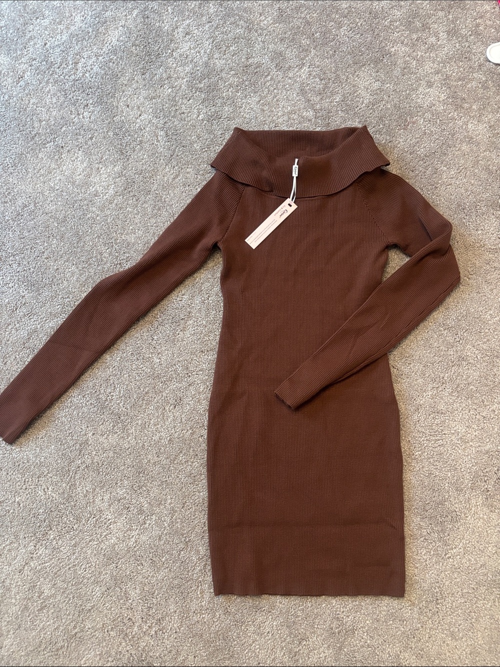 Off-Shoulder Ribbed Long-Sleeve Bodycon Dress — Chocolate Brown